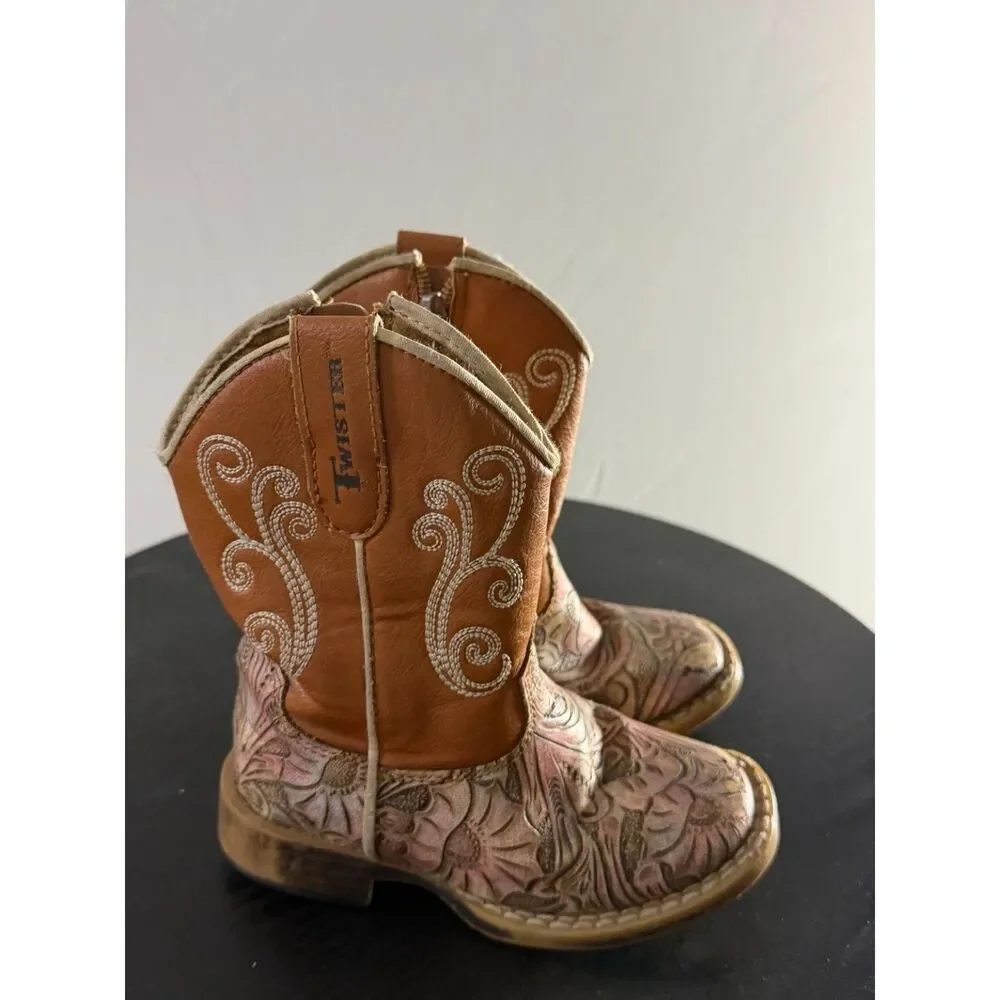 Twister Girls Pink Floral Western Cowboy Boots Brown Embroidered Size 7
